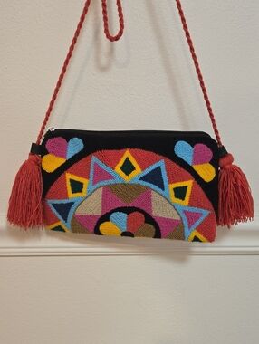 Wayuu Tribe Black Multicolor Embroidered Wristlet with Red Tassel Strap